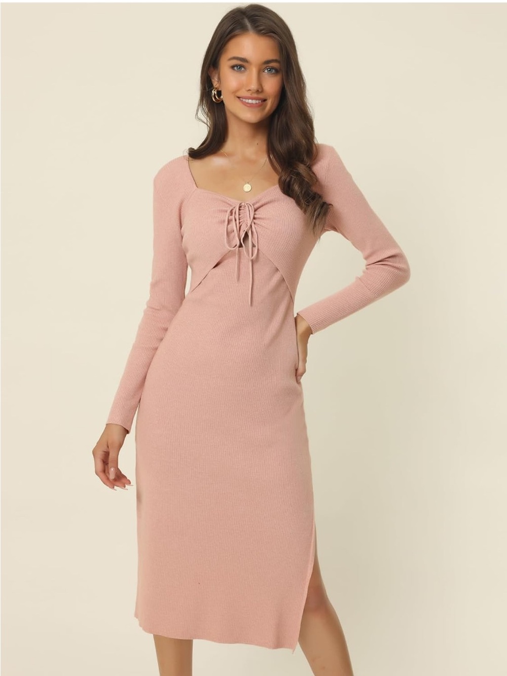 Ribbed Tie-Front Midi Dress in Dusty Rose
